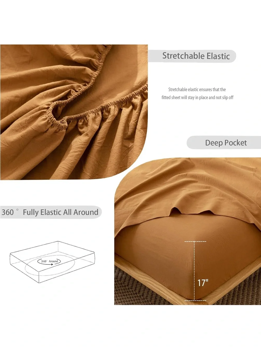 NEW MooMee Fitted Bottom Sheet Only 100% Washed Cotton Linen Like. Dark Orange